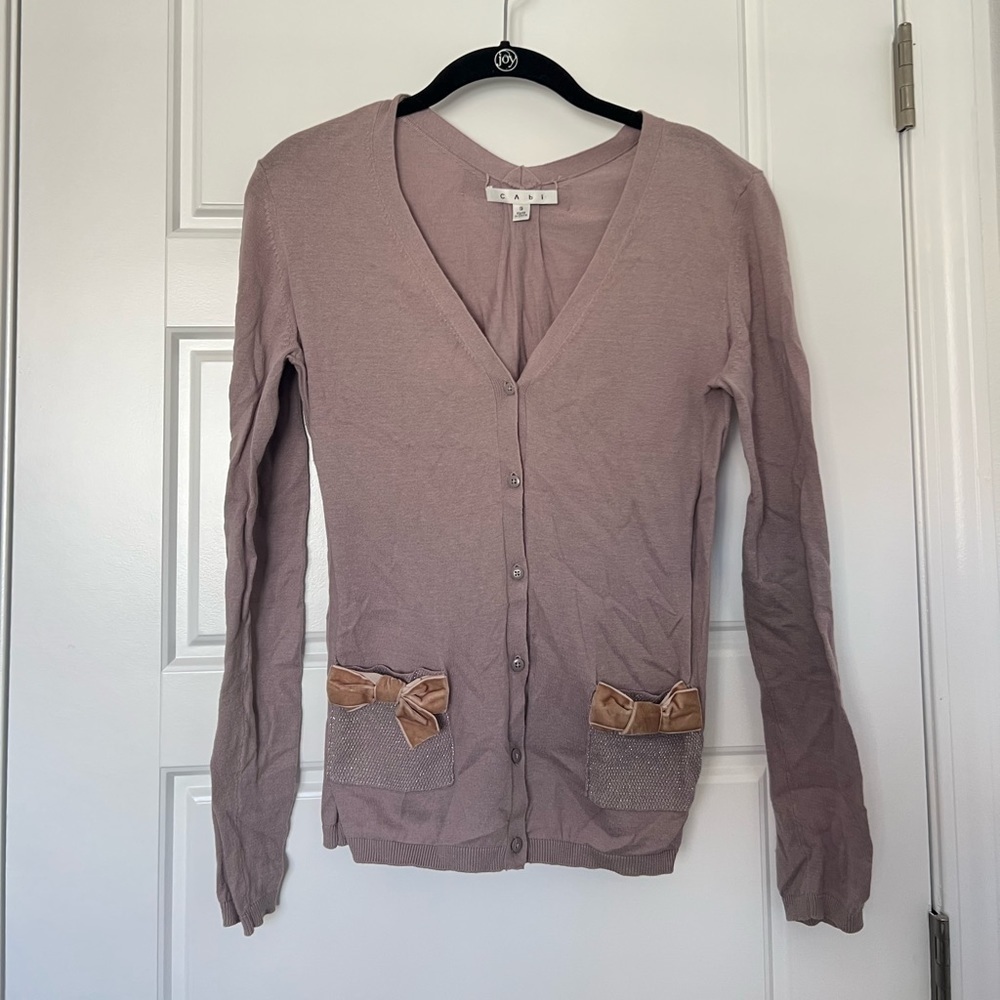 Cabi Women’s Taupe Bow‎ Cardigan Size Small Coquette